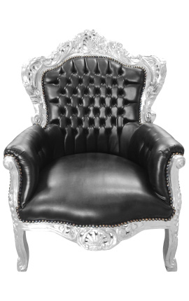 Liels baroka stila atzveltnes krēsls, melns ādas audums un sudraba koks