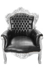 Gran sillón estilo barroco de cuero negro y madera de plata