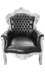 Grand fauteuil de style baroque tissu simili cuir noir et bois argent