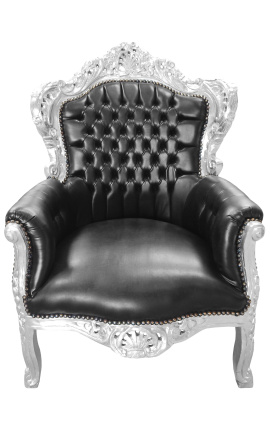 Gran sillón estilo barroco de cuero negro y madera de plata