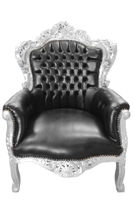 Голям бароков фотьойл, черна изкуствена кожа и сребристо дърво