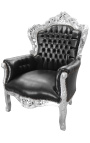 Gran sillón estilo barroco de cuero negro y madera de plata