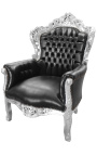 Grand fauteuil de style baroque tissu simili cuir noir et bois argent