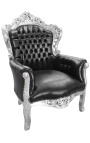 Gran sillón estilo barroco de cuero negro y madera de plata