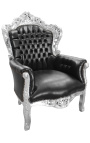 Grand fauteuil de style baroque tissu simili cuir noir et bois argent