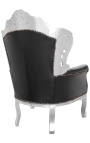 Big baroque style armchair black leatherette and silver wood