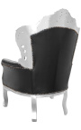 Big baroque style armchair black faux leather and silver wood