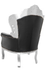 Grand fauteuil de style baroque tissu simili cuir noir et bois argent