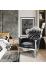 Gran sillón estilo barroco de cuero negro y madera de plata