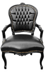 Fauteuil Louis XV de style baroque simili cuir noir et bois noir