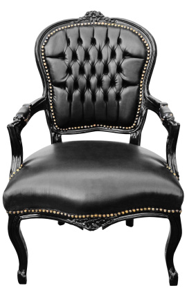 Μπαρόκ πολυθρόνα από μαύρη δερματίνη στυλ Louis XV και μαύρο γυαλιστερό ξύλο