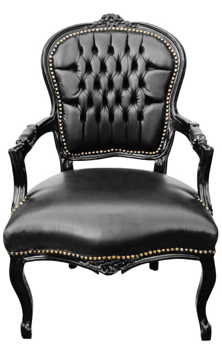 Fauteuil Louis XV de style baroque simili cuir noir et bois noir