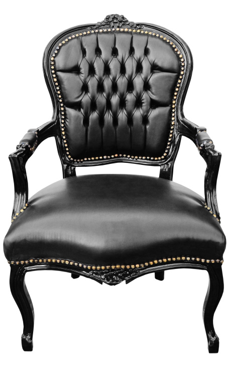 Μπαρόκ καρέκλα του Louis XV στυλ μαύρο δέρμα και μαύρο λαμπερό ξύλο