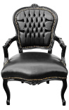 Fauteuil Louis XV de style baroque simili cuir noir et bois noir