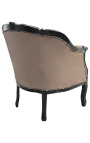 Big bergère armchair Louis XV style taupe velvet and black wood