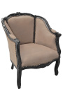 Big bergère armchair Louis XV style taupe velvet and black wood