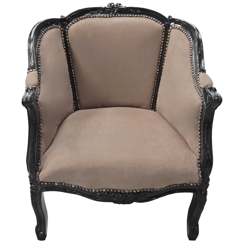 Larga bergère poltrona Louis XV Velvet stile taupet e legno nero