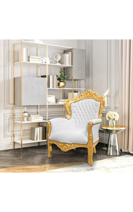 Iso barokkityylinen nojatuoli valkoinen keinonahka ja kultapuu