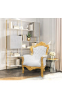 Голям бароков фотьойл бяла изкуствена кожа и златно дърво