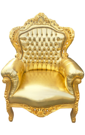 Poltrona grande estilo barroco em couro sintético dourado e madeira dourada