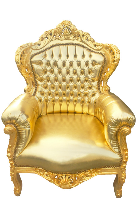 Grand fauteuil de style baroque simili cuir doré et bois doré