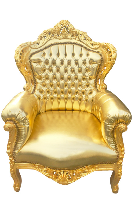 Iso barokkityylinen nojatuoli kultaa keinonahkaa ja kultapuuta