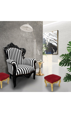 Big baroque style armchair striped black and white and black wood