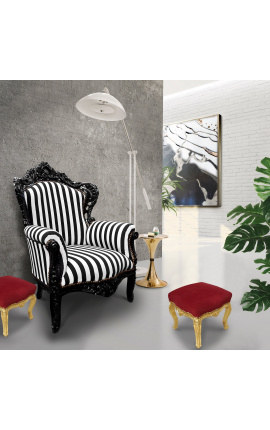 Grand fauteuil de style baroque rayé noir et blanc et bois noir