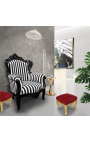 Grand fauteuil de style baroque rayé noir et blanc et bois noir