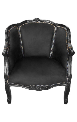 Big bergère armchair Louis XV style black velvet and black wood