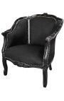 Big bergère armchair Louis XV style black velvet and black wood