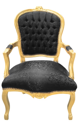Poltrona Louis XV estilo barroco em tecido acetinado preto e madeira dourada
