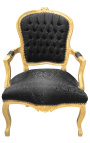 Sillón barroco de estilo Luis XV con tela de satén negro y madera dorada - 1