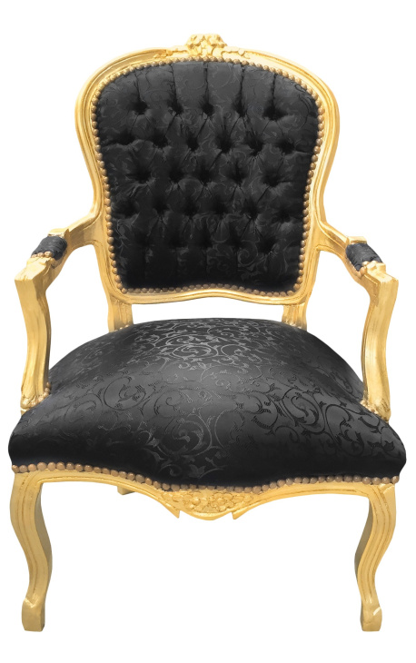 Sillón barroco de estilo Luis XV con tela de satén negro y madera dorada - 1