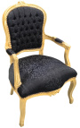 Barokke fauteuil in Lodewijk XV-stijl met zwarte satijnstof en verguld hout
