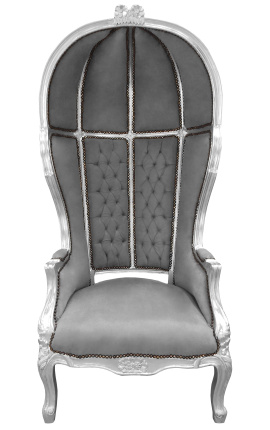 Grand porters stol i barockstil grå sammet och trä silver