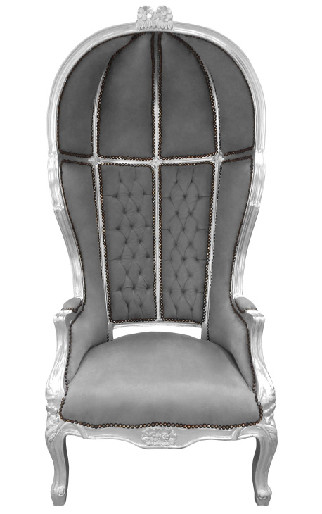 Cadeira grande estilo barroco tecido de veludo cinza e madeira prateada