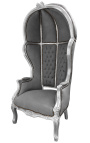 Cadira d'autocar d'estil barroc gran de tela de vellut gris i fusta platejada