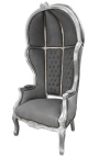 Grand fauteuil carrosse de style Baroque tissu velours gris et bois argent