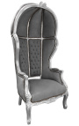 Grand porter's barokk stol grå fløyel og tre sølv