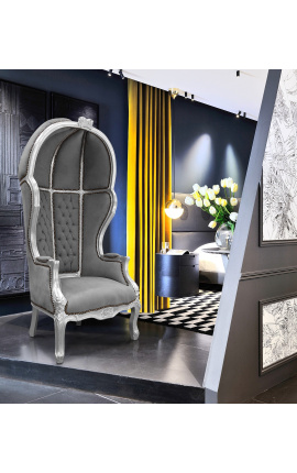 Grand porter&#039;s Baroque style chair grey velvet and wood silver