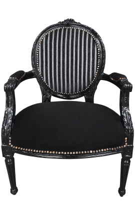 Barok fauteuil Louis XVI zwart en grijs fluweel gestreept en zwart hout