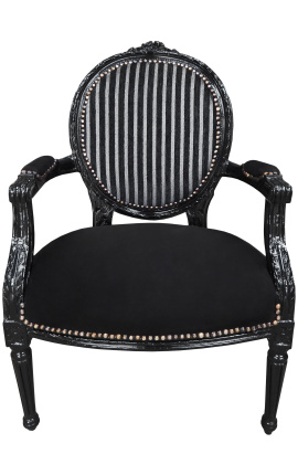 Sillón barroco Luis XVI terciopelo negro y gris rayado y madera negra