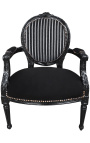 Fauteuil Louis XVI de style baroque rayé noir et blanc en velours et bois noir