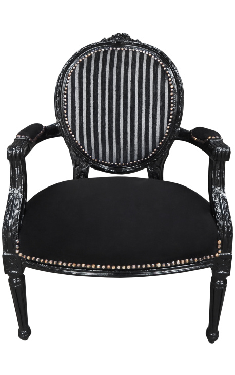 Barok fauteuil Louis XVI zwart en wit fluweel gestreept en zwart hout