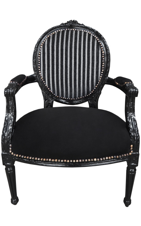 Baroka stila krēsls Louis XVI melnbalts samta svītrains un melns koks