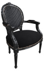 Barok fauteuil Louis XVI zwart en wit fluweel gestreept en zwart hout