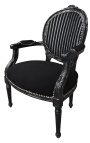 Barok fauteuil Louis XVI zwart en wit fluweel gestreept en zwart hout