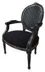 Fotel w stylu barokowym Ludwika XVI czarno-biały aksamit w paski i czarne drewno