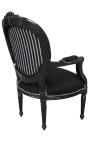 Barok fauteuil Louis XVI zwart en wit fluweel gestreept en zwart hout